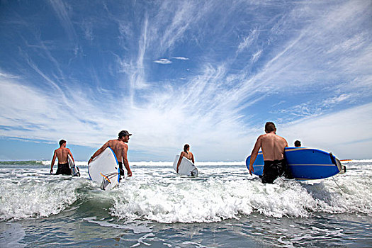 男性,女性,冲浪,朋友,涉水,海洋,冲浪板