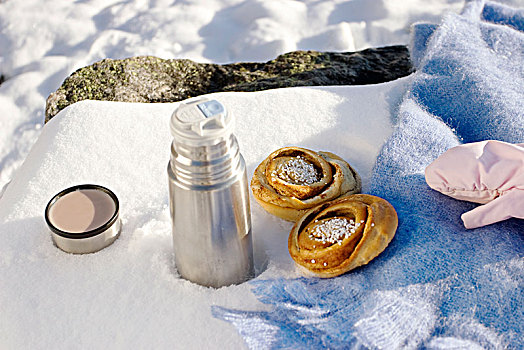 野餐,雪,热水瓶,桂皮,面包