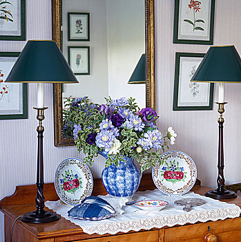 衣柜,陶瓷,罐,花,安放,一对,灯,蓝色,灯罩