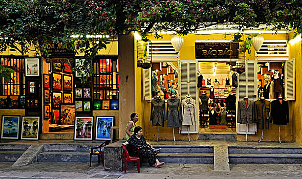 街景,两个,女人,正面,裁缝,店,会安,越南,东南亚
