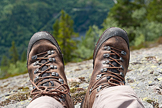 远足,跋涉,一对,远足鞋,靠近,挪威,斯堪的纳维亚,北欧,欧洲