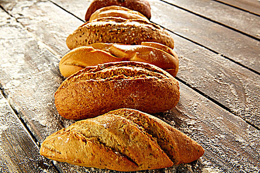 面包,多样,排列,乡村,木桌,小麦粉