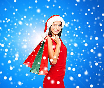 销售,礼物,圣诞节,休假,人,概念,微笑,女人,红裙,购物袋,上方,蓝色,雪,背景