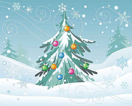 寒假,概念,矢量,风格,圣诞树,装饰,彩色,玩具,雪,树林,暴风雪,圣诞节,新年,庆贺,贺卡,邀请,设计,冬天