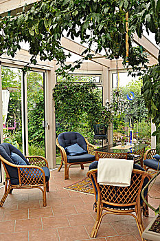 藤椅,蓝色,垫子,苍白,赤陶,地砖,温室,风景,花园