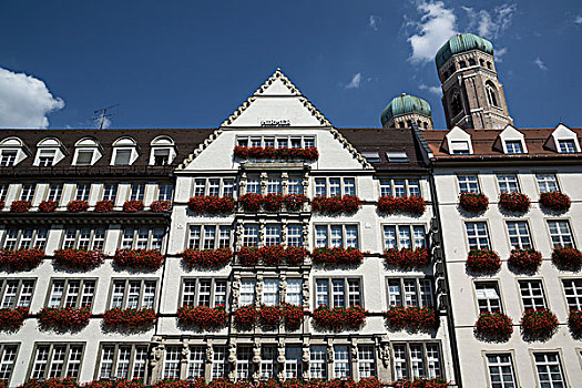 窗户,天竺葵,建筑,百货公司,圆顶,圣母大教堂,后面,慕尼黑,巴伐利亚,德国,欧洲