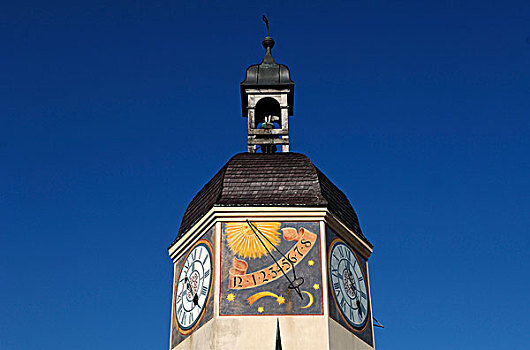 特写,老,钟表,塔,16世纪,城堡,复杂,布格豪森,上巴伐利亚,德国,欧洲