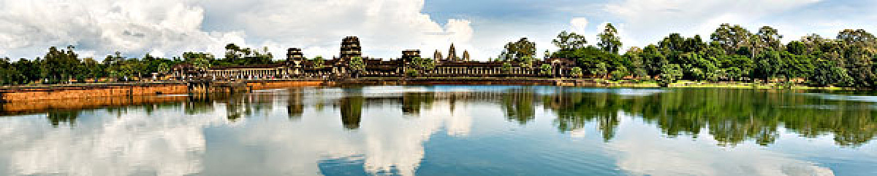 柬埔寨,吴哥窟,全景,图像,护城河,堤道