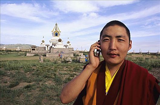 蒙古,宗教,佛教,中心,寺院,僧侣,交谈,手机