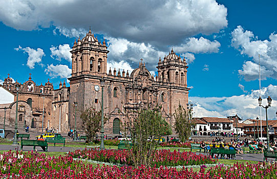 漂亮,视觉,图像,大广场,花,阳光,库斯科,库斯科市,秘鲁,大教堂,教堂