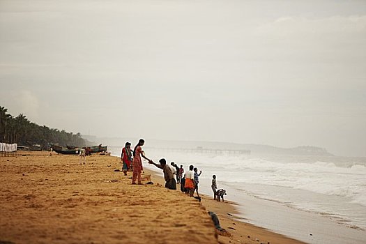 人,海滩,特里凡得琅,喀拉拉,印度