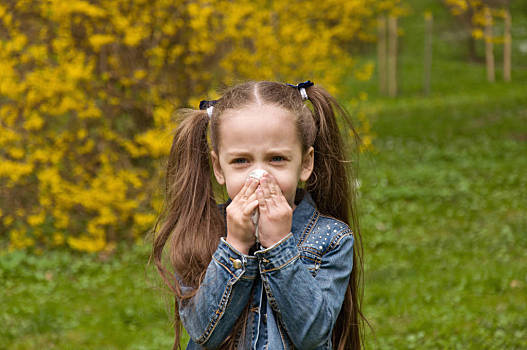 女孩,流鼻涕,花,花粉,过敏,季节,问题