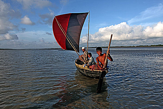 小,渔船,浅,水,海滩,孟加拉,女儿,海洋,一个,自然,斑点,全景,上升,夕阳