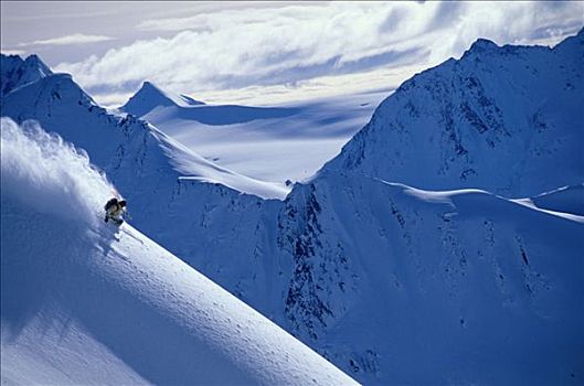 下坡,滑雪者,楚加,靠近,瓦尔德斯半岛,阿拉斯加