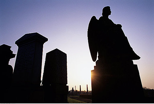 墓碑,墓地,日落,格拉斯哥,苏格兰