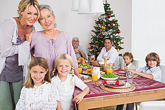 三代人,女人,站立,餐桌,圣诞时节