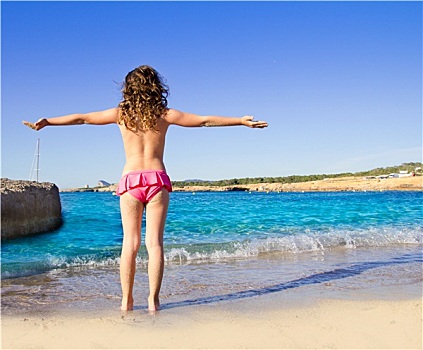 女孩,海滩,后视图,圣安东尼奥,伊比萨岛