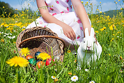 小女孩,爱抚,复活节兔子,草地,春天