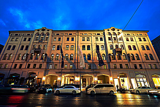 酒店,四季,凯宾斯基,慕尼黑,晚上,建筑,光亮