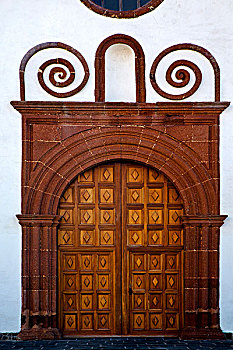 兰索罗特岛,西班牙,加那利群岛,黄铜,褐色,门环,木头,教堂,门,白墙,抽象