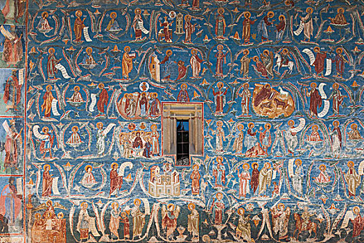 罗马尼亚,布科维纳,区域,寺院,15世纪,宗教,壁画,蓝色,绘画,石头