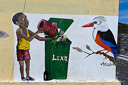 壁画,一个人,垃圾桶,翠鸟,朴素,福古岛,佛得角,非洲