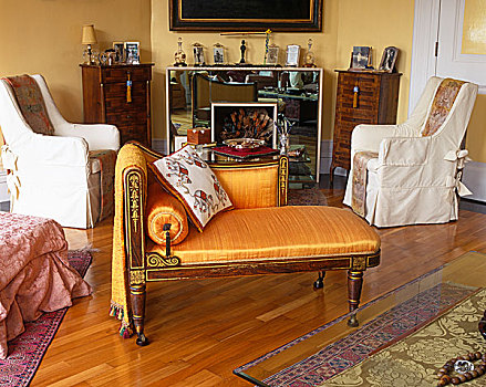 时代特征,软垫,躺椅,正面,壁炉,黄色,起居室