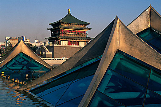 夜景,古老,钟楼,现代,金字塔,形状,建筑,西安,陕西,中国