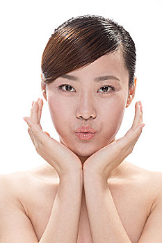 脸,化妆,年轻,亚洲人,美女,白色背景,背景