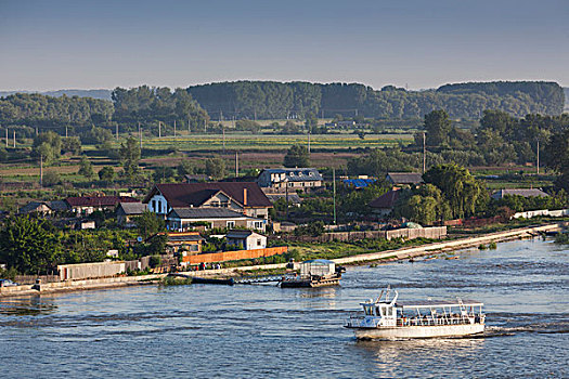 罗马尼亚,多瑙河,三角洲,俯视图,河,渡轮,都铎式建筑,黎明