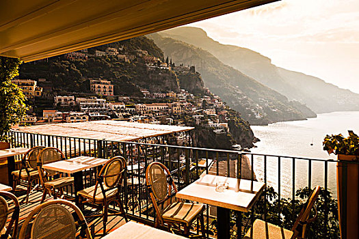 桌子,椅子,露台,远眺,海洋,波西塔诺,坎帕尼亚区,意大利