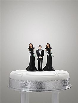 新郎,伴娘,小雕像,婚礼蛋糕