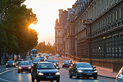 法国,巴黎,码头,南方,翼,卢浮宫,晚间,交通