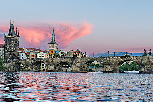 捷克共和国,波希米亚,布拉格,查理大桥,日落,大幅,尺寸