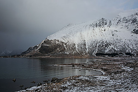 积雪,山,高处,寒冷,湖,挪威