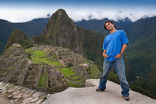 马丘比丘,秘鲁,站立,男人,靠近,前哥伦布时期,印加,场所,建造,广告