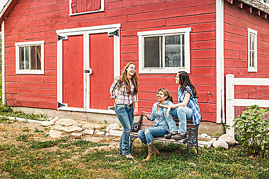 三个女人,年轻,笑,户外,牧场,农舍,蒙大拿,美国