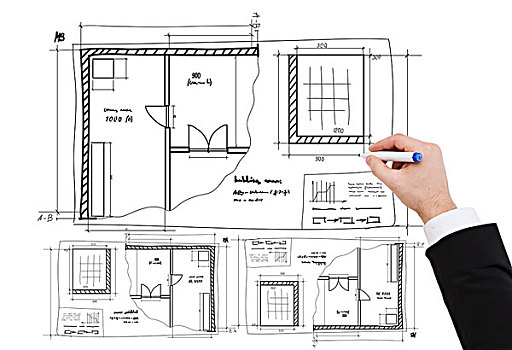 商务,建筑,修葺,概念,特写,商务人士,手,绘画,蓝图