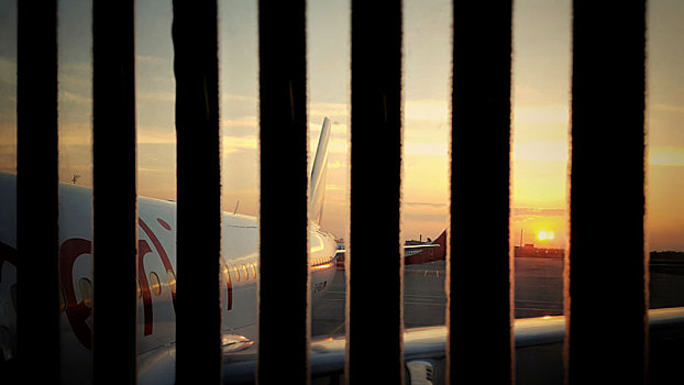 落日,风景,飞机跑道,慕尼黑,机场