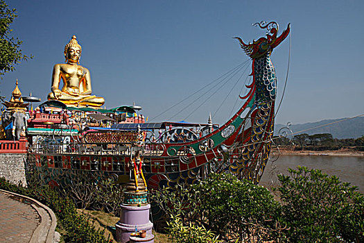 金色,雕塑,佛,钢铁,船,湄公河,河,三角形,泰国,缅甸,老挝,索洛,泰国北方,亚洲
