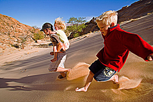 纳米比亚,小孩,跑,沙丘,靠近,山