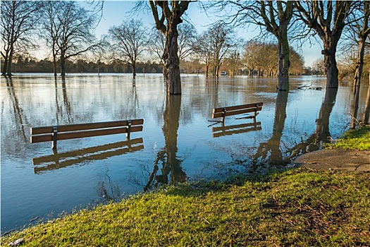 淹没,长椅,洪水,河岸