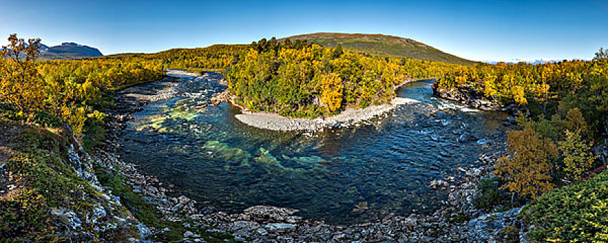 河,弯曲,秋景,国家公园,北博滕省,拉普兰,瑞典,欧洲