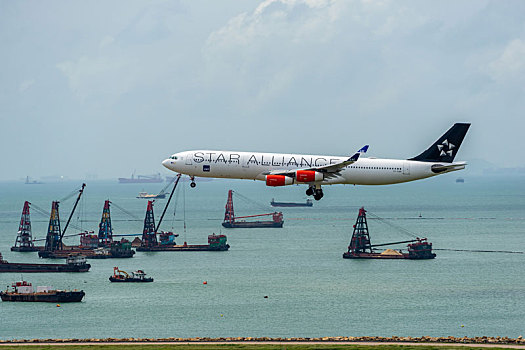 一架星空联盟涂装的北欧航空客机正降落在香港国际机场