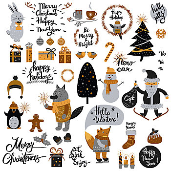 圣诞节,卡通,新年,收集,贺卡,设计,银,金色,彩色,森林动物,标语,寒假,物体,复古,矢量