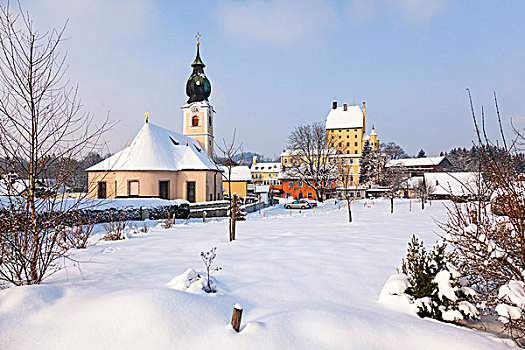 城堡,教区教堂,冬天,萨尔茨堡州,奥地利