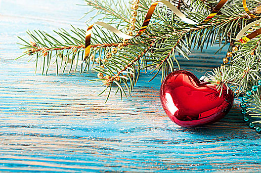 圣诞装饰,杉枝,蓝色,木质背景