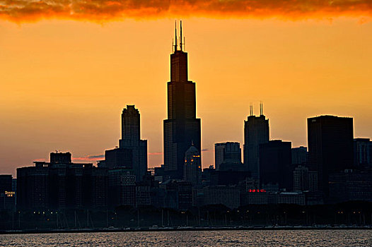 晚间,气氛,日落,塔,2009年,南,摩天大楼,天际线,密歇根湖,芝加哥,伊利诺斯,美国
