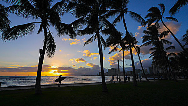 日落,怀基基海滩,瓦胡岛,夏威夷