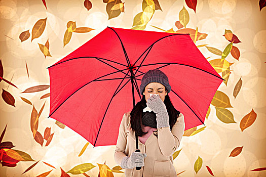 合成效果,图像,疾病,黑发,吹,鼻子,拿着,伞,秋天,叶状,暖色调